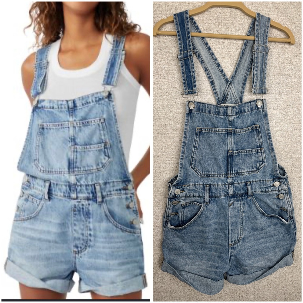 We The Free People Denim Overall Shorts Shortalls XS Light Wash Cuffed Bib